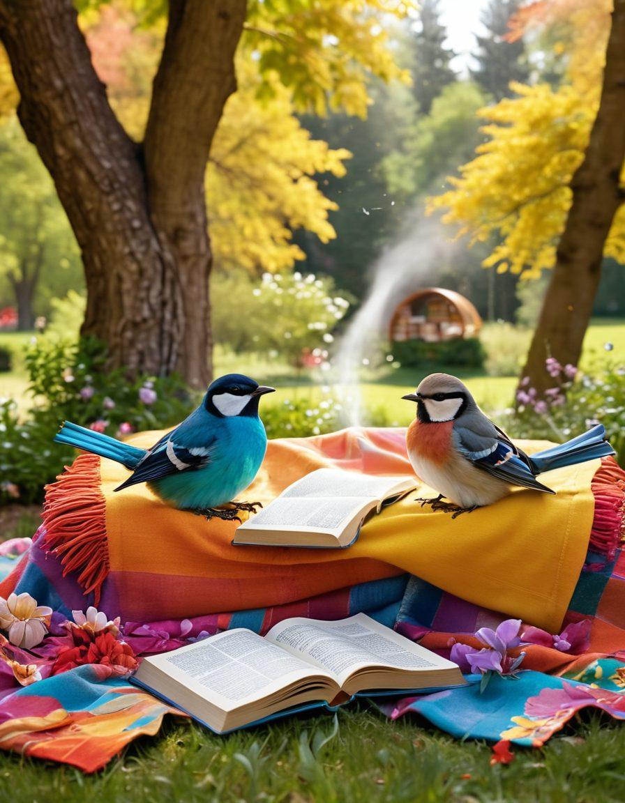 A cozy scene featuring two friends sitting on a colorful blanket in a sunlit park, each engrossed in their own book, surrounded by towering trees and blooming flowers. In the foreground, a steaming cup of tea and a stack of books symbolize literary companionship. Whimsical birds flutter overhead, contributing to a peaceful atmosphere. The image should convey warmth, friendship, and a love for reading. vibrant colors. super-realistic.