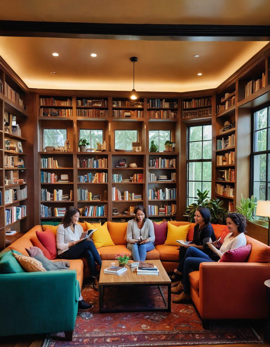 A diverse group of individuals sitting in a cozy, inviting library, sharing stories and laughter. Vivid bookshelves filled with colorful books surround them, while soft, warm lighting creates an atmosphere of joy and connection. In the foreground, an open book radiates light, symbolizing the magic of storytelling. Include elements like plants and comfortable seating to enhance the inviting space. super-realistic. warm tones. soft focus.