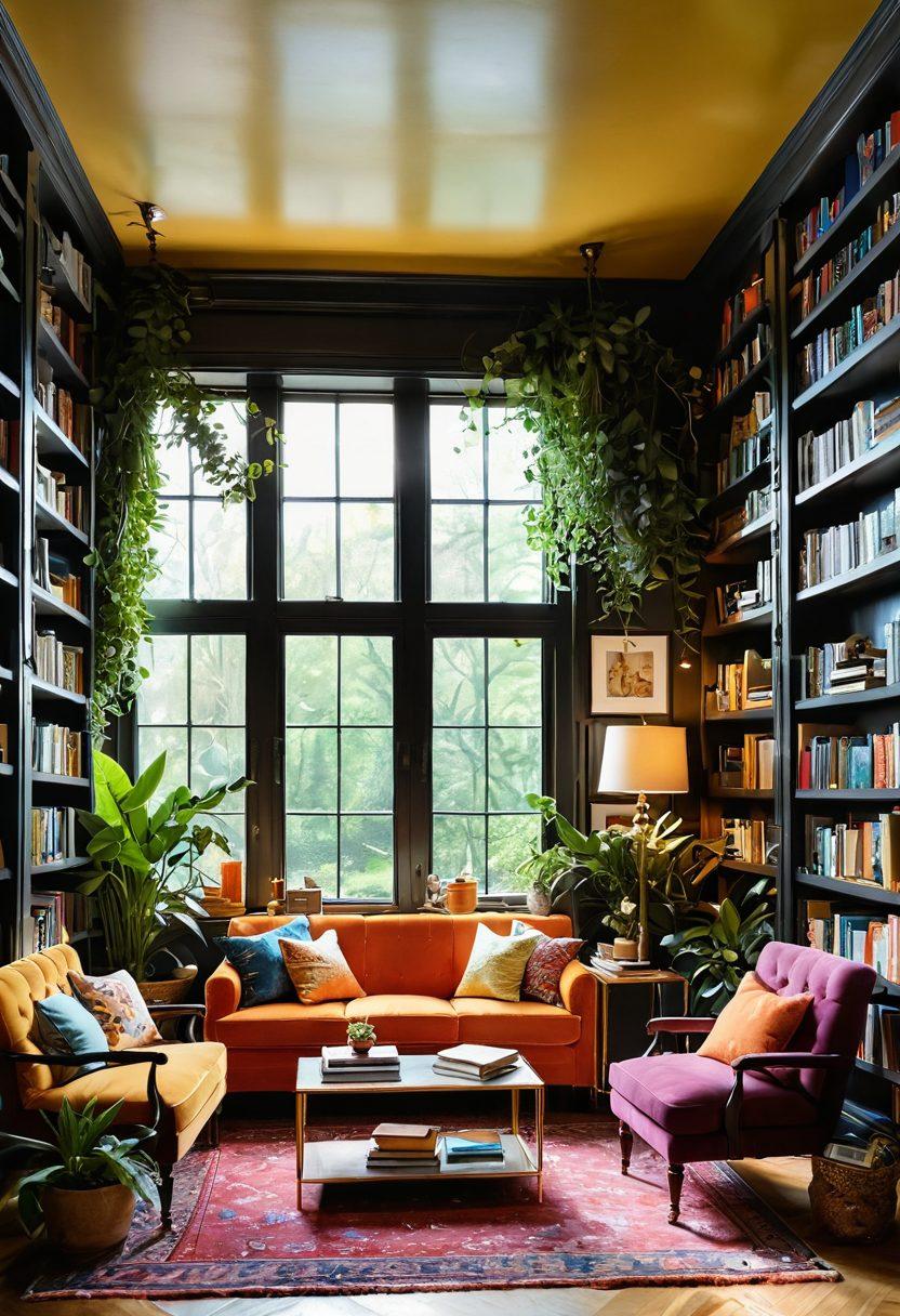 A whimsical library filled with colorful books, where diverse characters animatedly gather around cozy reading nooks, sharing joyful stories. Sunlight streams through vibrant windows, illuminating their thoughtful expressions and the happiness of companionship. Lush plants and playful decorations add to the cheerful atmosphere. super-realistic. vibrant colors. cozy interior.